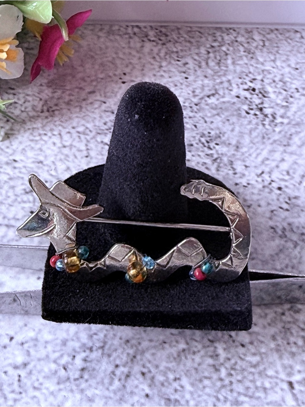 Silver-Tone Cowgirl Horse Brooch with Multicolor Beads